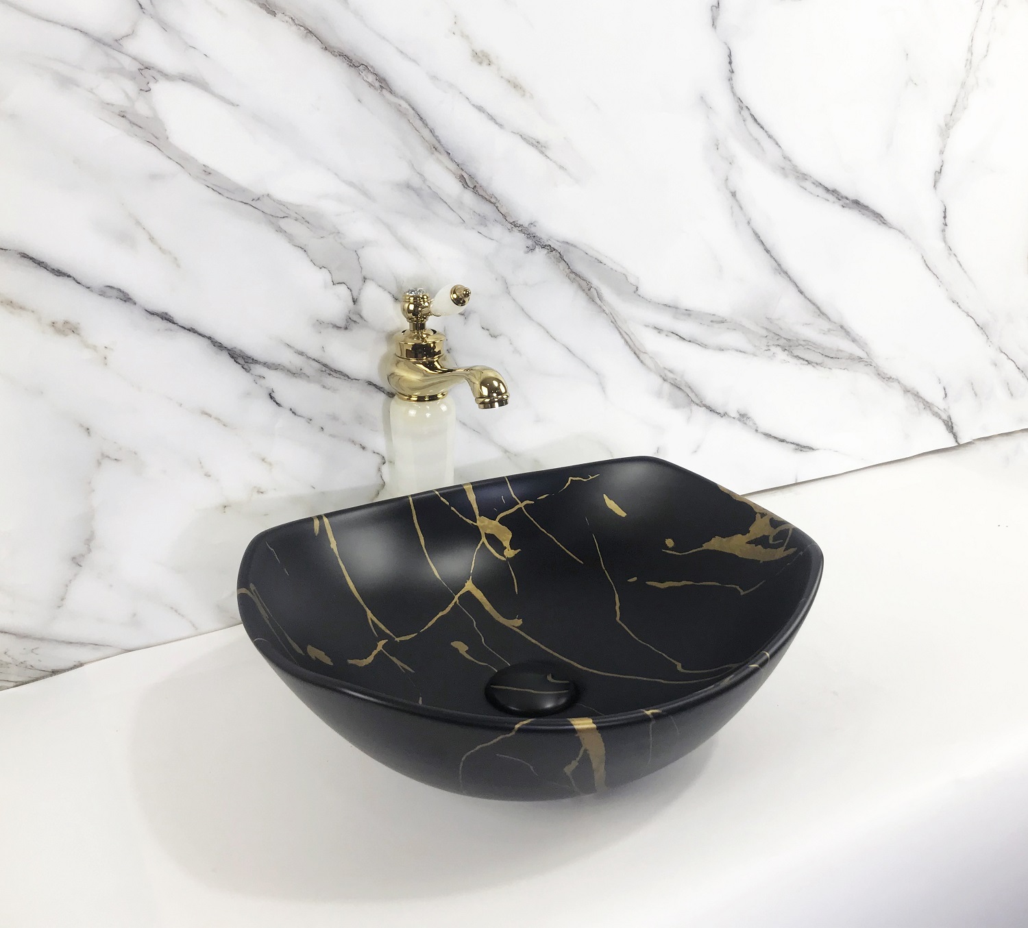 THH Above Counter Ceramic Bathroom Basin Matt Black Marble Color 410X380X155mm