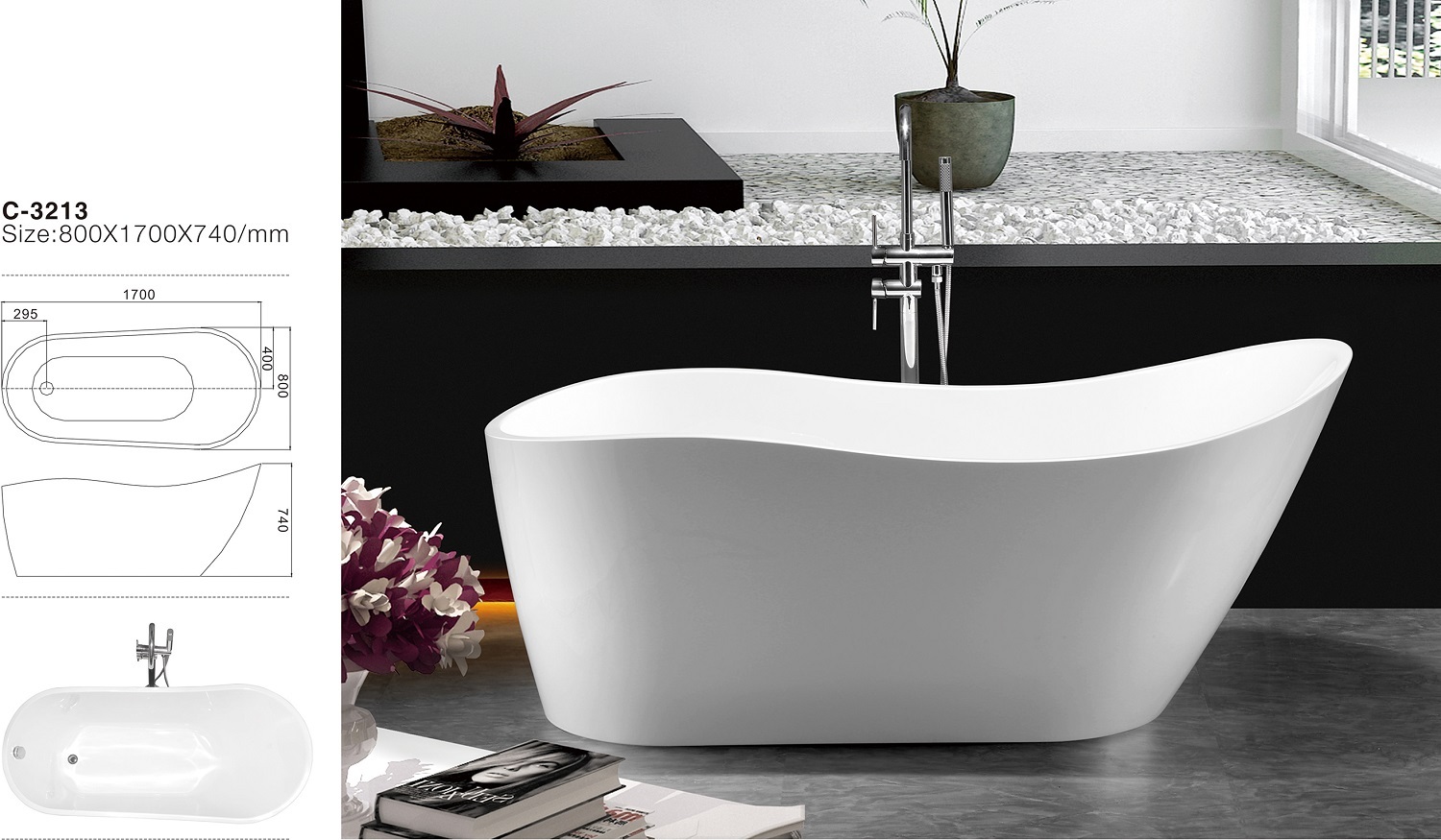 THH Acrylic Free Standing Bathtub White 800*1700*740mm