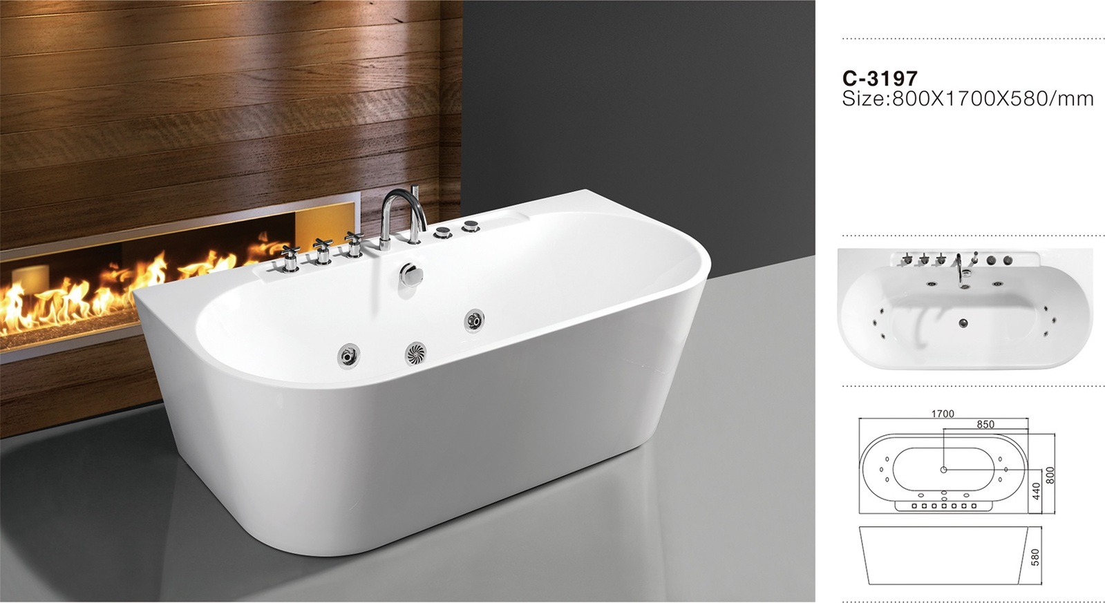 THH Acrylic Free Standing Bathtub with Jacuzzi & Spa Bath White 800*1700*580mm