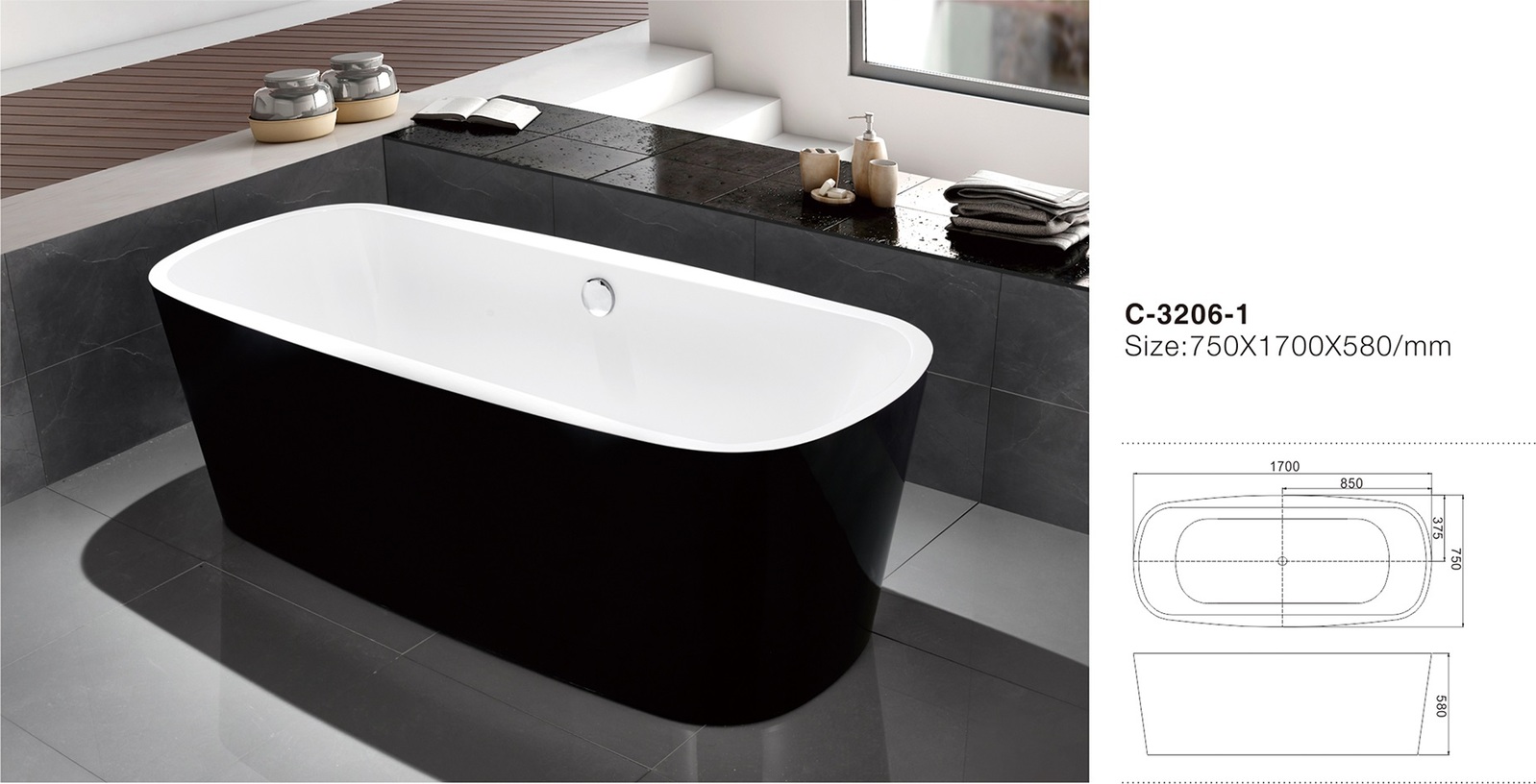 THH Acrylic Free Standing Bathtub Black White 750*1700*580mm