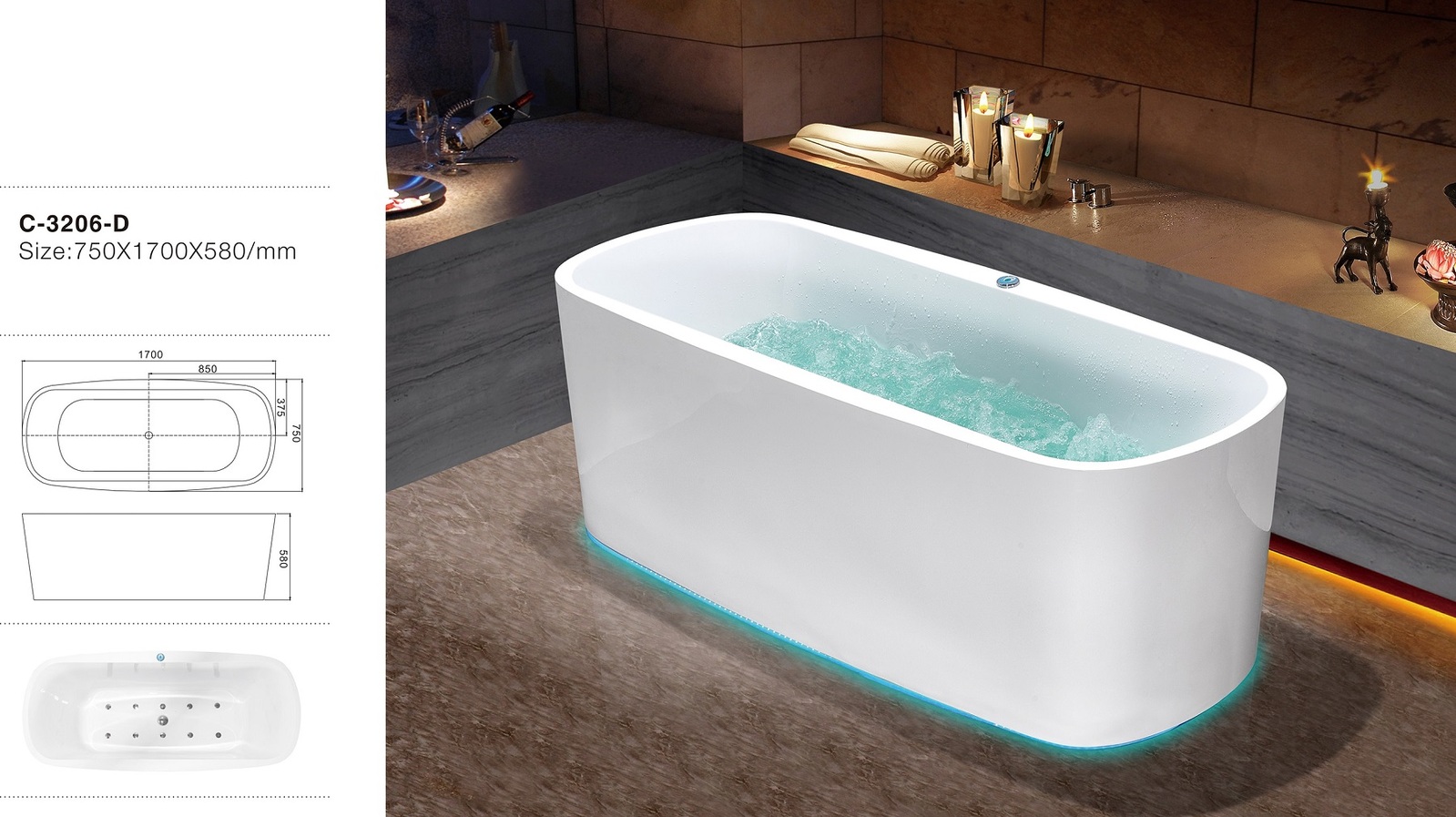 THH Acrylic Free Standing Bathtub Bubble Bath with LED White 750*1700*580mm